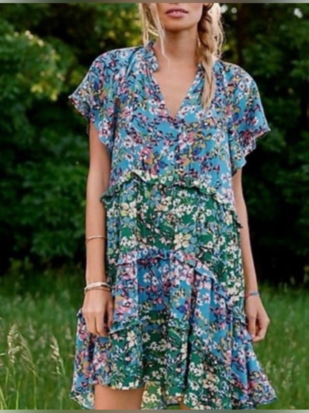 Anthropologie Robin tiered mini dress, size large, multi color floral
